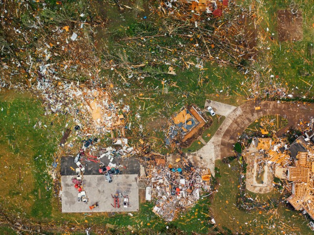 Aerial shot of home destroyed by tornado
