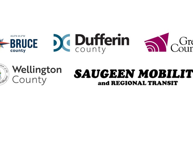 Logos for Bruce County, Dufferin County, Grey County, Wellington County, and Saugeen Mobility and Regional Transit.