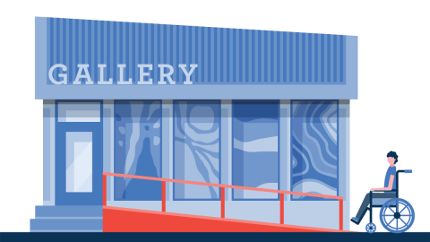 Graphic of a person in a wheelchair going up and accessible ramp to access a commercial gallery