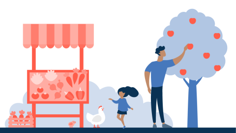 Graphic of a man picking an apple from a tree, a little girl playing with chickens and a food stand