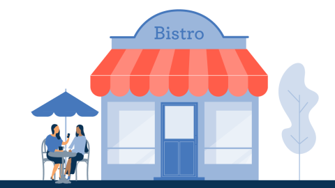 Graphic of two women sitting at a patio table with an umbrella covering them outside a bistro with an awning