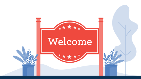 Graphic of a welcome sign outside a community with two large planters surrounding it