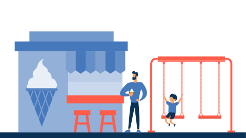 Graphic of a man ordering ice cream from a shop while a boy swings on a swing set