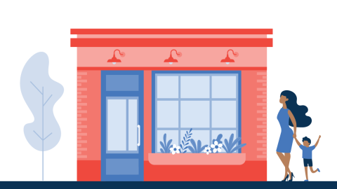 Graphic of a woman with a child walking up to enter a business with an appealing facade that includes window planters and gooseneck lighting