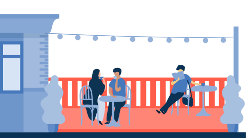 Graphic of a couple and individual reading while sitting on a patio of a restaurant