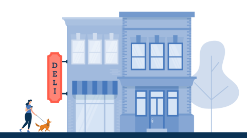 Graphic of a woman walking a dog outside a business with a new perpendicular or blade sign that says Deli
