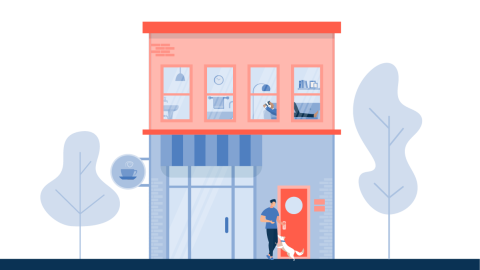 Graphic of a man walking a dog in front of a commercial cafe with a new residential unit at the top of the property